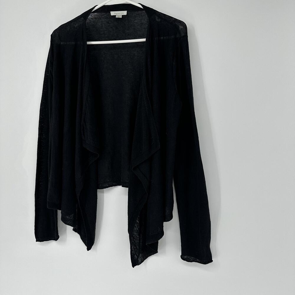 Garnet Hill Womens MEDIUM Black 100% Linen Open Front Cardigan Draped Sweater - Picture 3 of 8